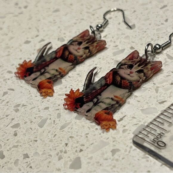 Cute Cat Acrylic Dangle drop Earrings fall colors autumn vibes - Picture 6 of 9